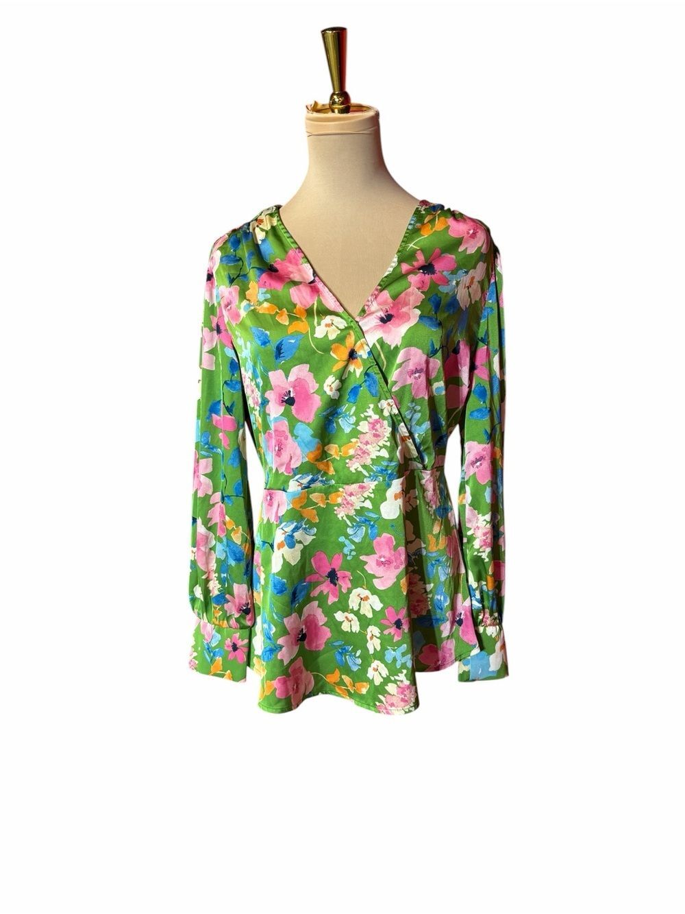 Cato Floral Faux Wrap Blouse Green Pink Long Sleeve Stretch Top Size M